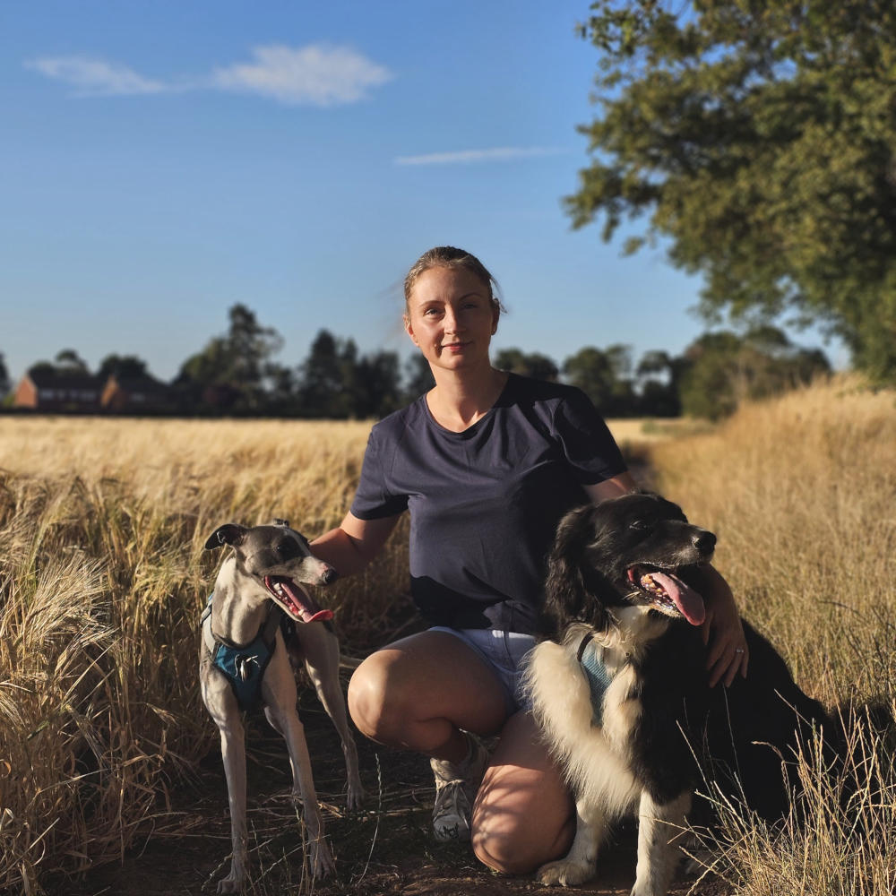 Sabrina walking two dogs